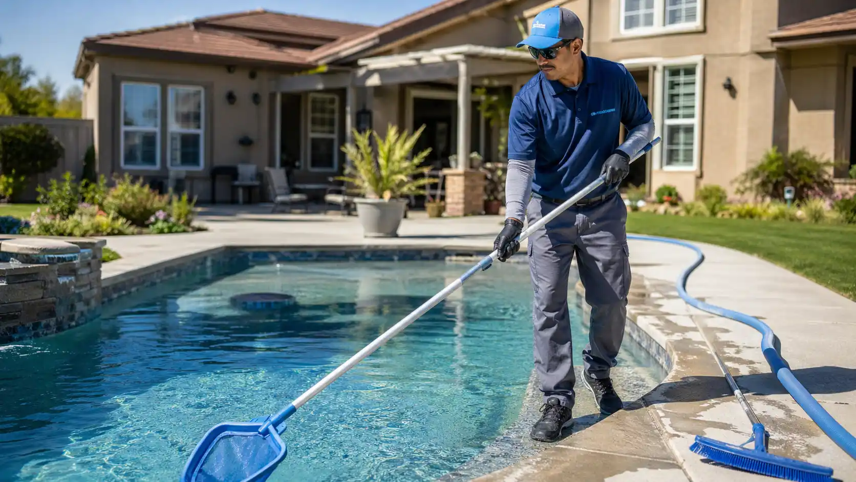 Pool cleaning professional skimming a residential swimming pool