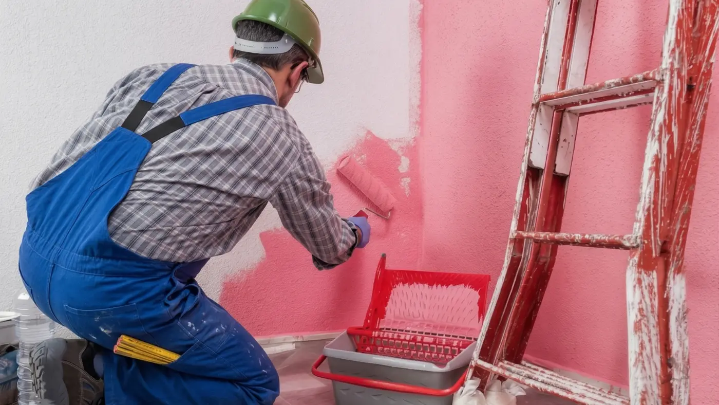 Pro painter working at home and painting the wall with a roller