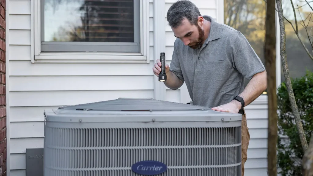 HVAC technician inspecting an outdoor air conditioning unit at a home
