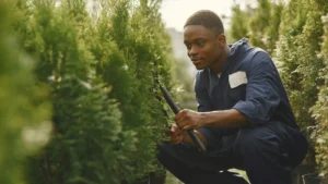Landscaping worker trimming hedges in a lawn