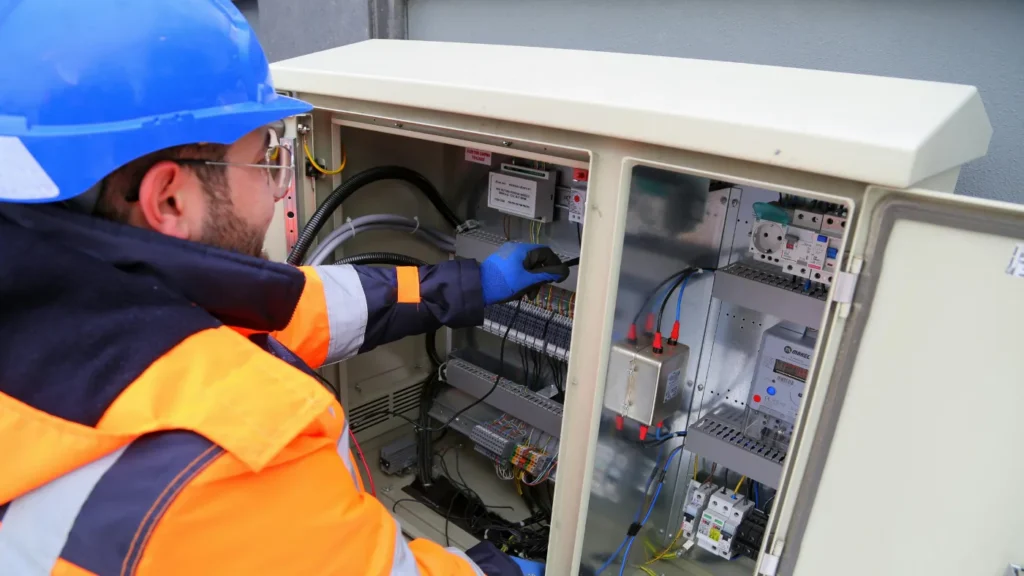 electrician repairing a fuse box, checking wiring and electrical connections.