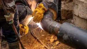 Plumber welding & repairing a large underground pipe during plumbing service work