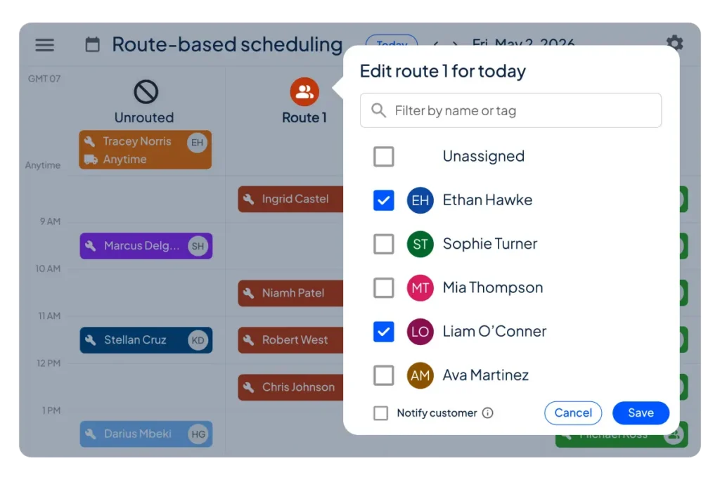 Housecall Pro route-based scheduling view showing an "Edit route 1 for today" panel with a checklist of technicians alongside a color-coded schedule with unrouted and Route 1 job columns.