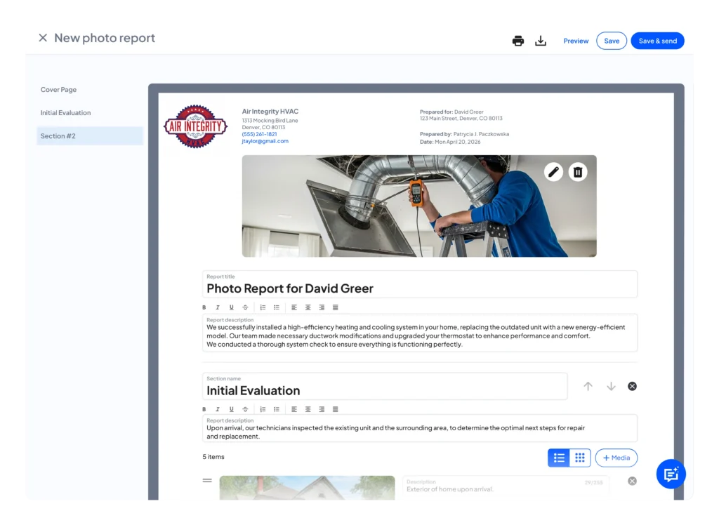 Housecall Pro photo report creation screen for Air Integrity HVAC, showing an editable report with a cover photo of a technician inspecting ductwork, a job summary description, and an Initial Evaluation section with five attached job site photos.