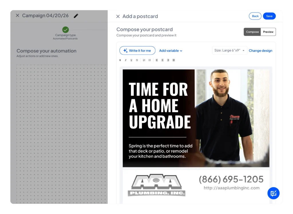 Housecall Pro postcard composer showing a large 6"x9" automated postcard for AAA Plumbing Inc. with a "Time for a Home Upgrade" spring marketing design, technician photo, and contact information.
