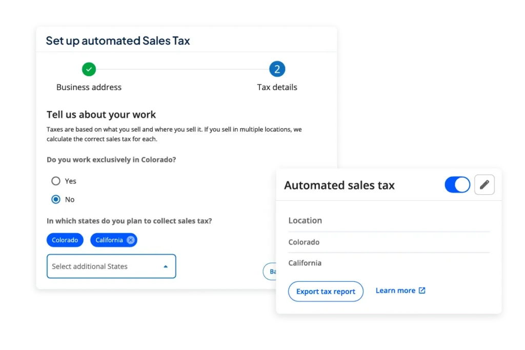 Housecall Pro automated sales tax setup wizard showing a two-step configuration flow. The left panel displays a "Tell us about your work" form with Colorado and California selected as tax collection states. The right panel shows the automated sales tax toggle enabled with both states listed and options to export a tax report.