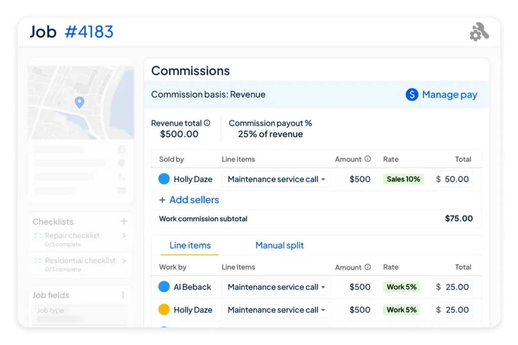 Housecall Pro job detail screen displaying the Commissions panel. Commission basis is set to Revenue at 25% payout. Holly Daze is listed as seller with a Sales 10% rate totaling . The work commissions section shows Al Beback and Holly Daze each earning  at a Work 5% rate on a 0 maintenance service call.