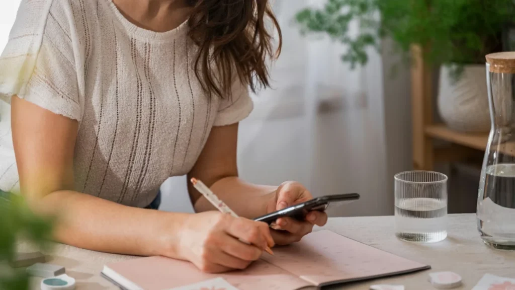 Small business owner reviewing notes and using smartphone to manage taxes and expenses at home desk