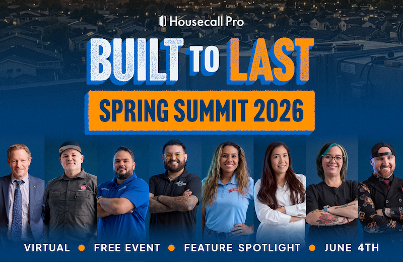 Housecall Pro Spring Summit 2026 virtual event banner featuring home service professionals, AI business training, and free online education for the trades.