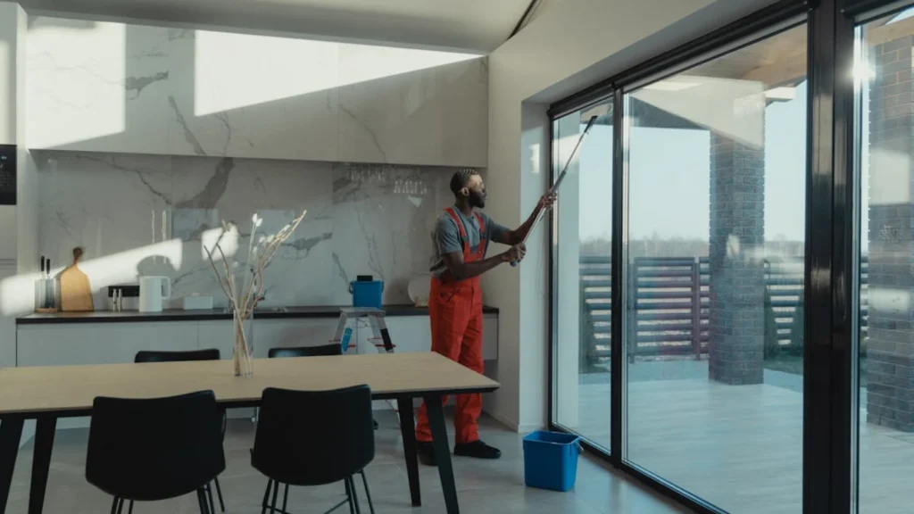 Professional cleaner washing large glass doors in modern home interior