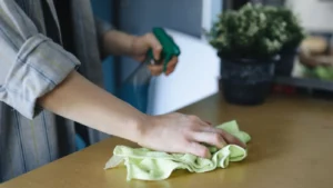 Professional cleaner wiping countertop with microfiber cloth while spraying disinfectant, representing SEO tips for cleaning businesses