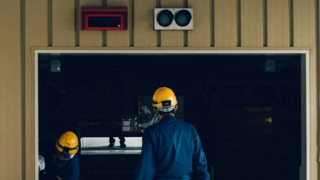 Technicians in safety helmets inspecting and servicing a commercial garage door system in an industrial facility