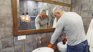 Plumber working under a bathroom sink while researching Google Ads strategies to grow a plumbing business