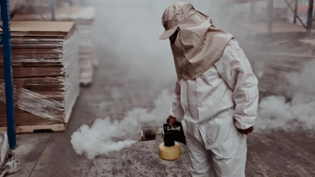 Pest control technician in protective suit using fumigation equipment in warehouse, representing professional pest control service contracts