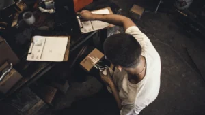 Handyman reviewing paperwork and packaging supplies at a workbench, representing how to write a professional handyman invoice
