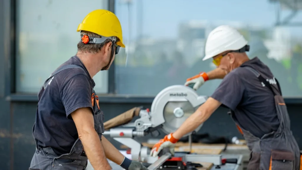 Two skilled trades workers using power tools in a workshop, representing workforce training and trade industry investment.