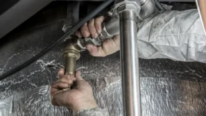 Plumber installing or repairing commercial piping system under sink, representing plumbing business owner income and service work