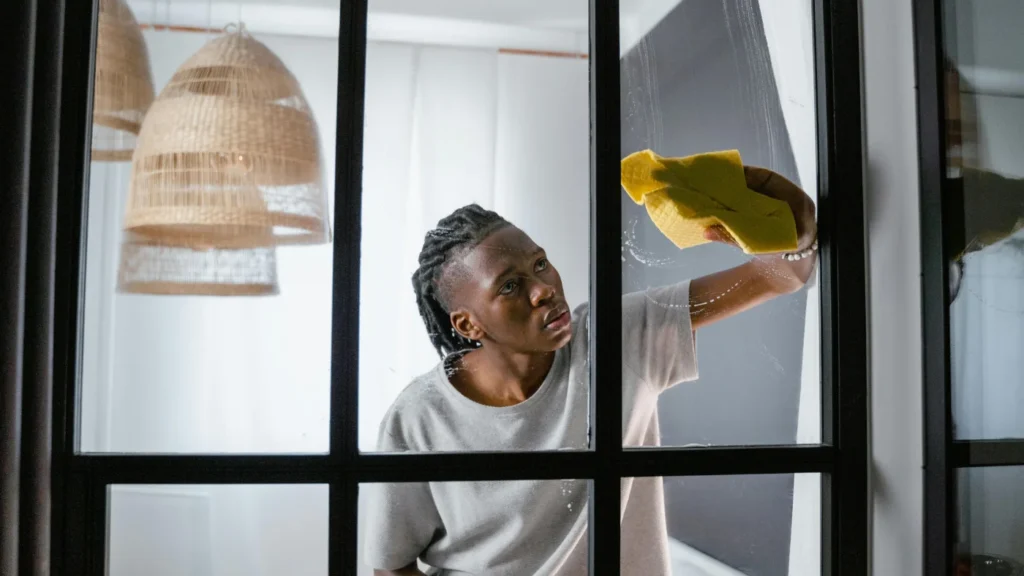 Employee cleaning interior window, representing workplace safety and workers’ compensation coverage for on-the-job injuries
