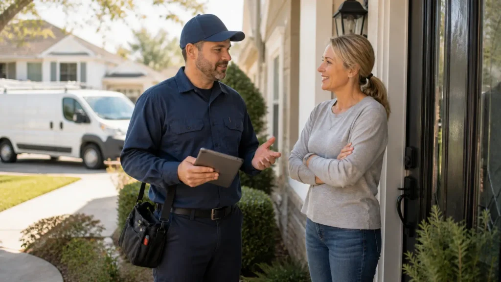 Home service contractor building customer relationship after completing a residential job