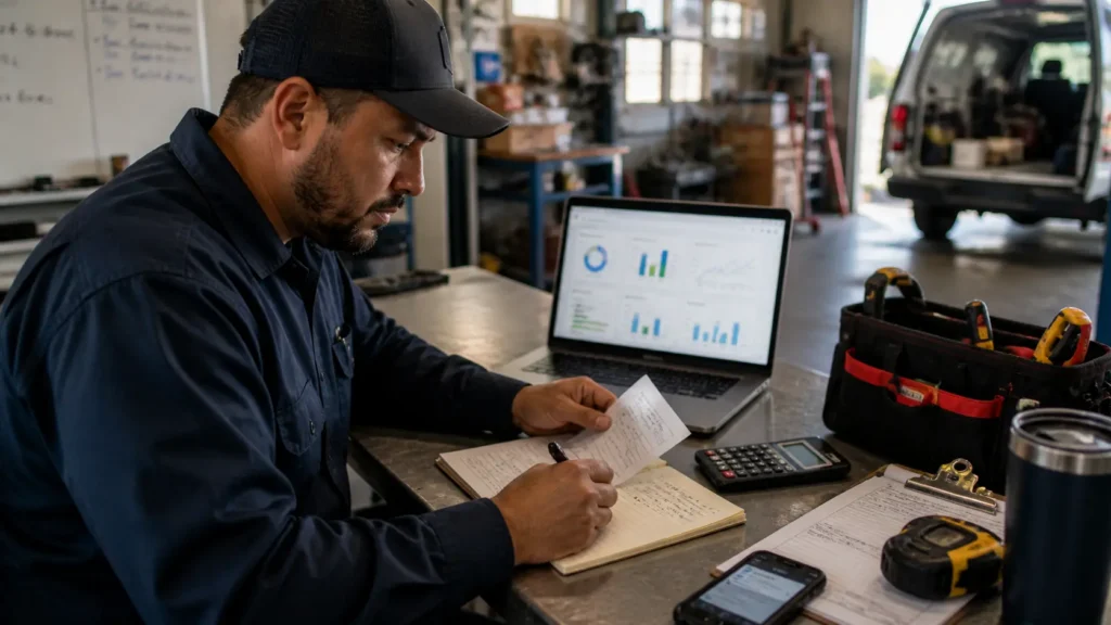 Contractor reviewing lead costs and booked job revenue on a laptop dashboard