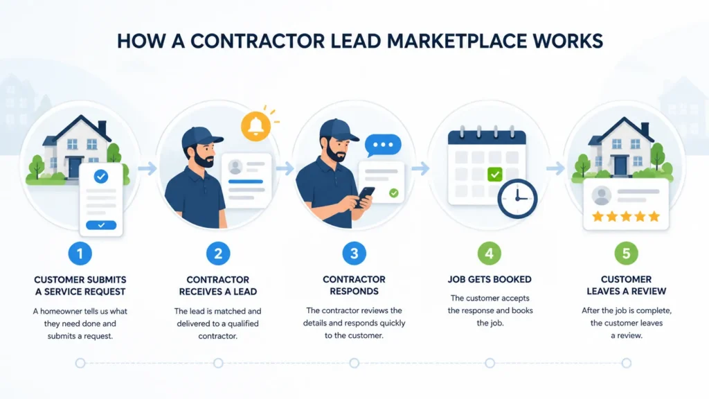 Illustration showing how customers submit service requests and contractors turn leads into booked jobs