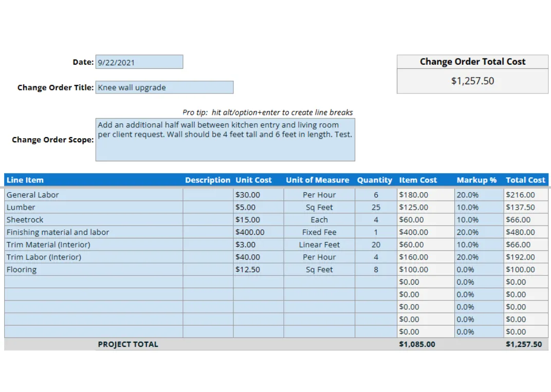 General contractor change order template showing scope details, itemized labor and material costs, markup percentages, and total project cost.
