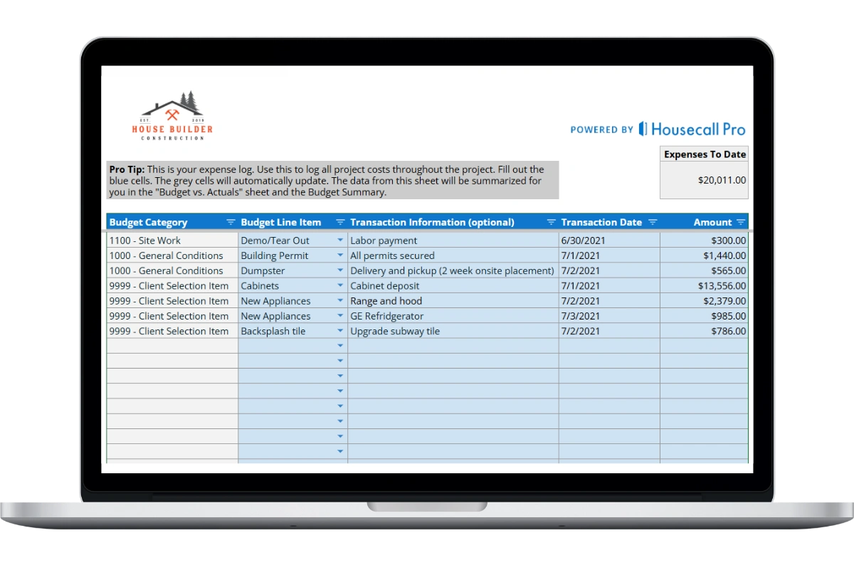 general contractor budget template showing the expense log