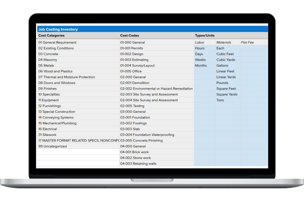 job costing inventory details
