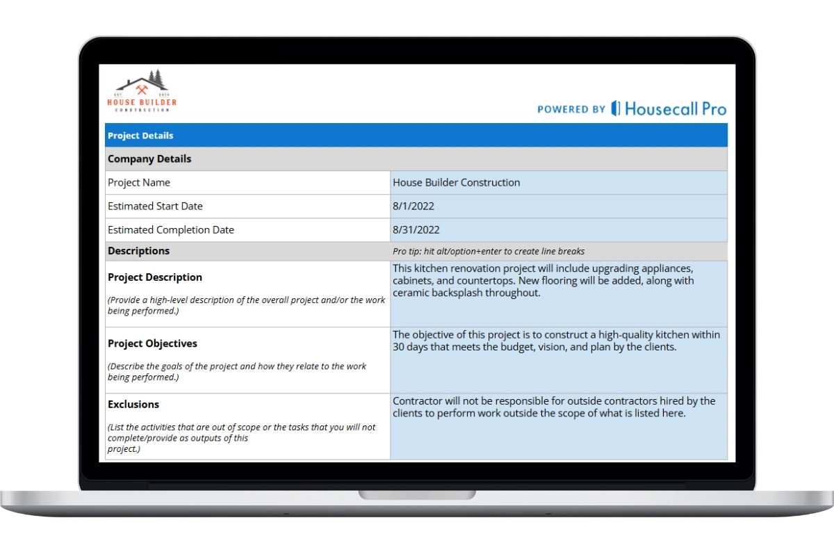 template including the company and project details