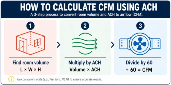 Three-step process to calculate HVAC CFM using the ACH method: first find room volume (length × width × height), then multiply room volume by air changes per hour, then divide by 60 to get airflow in cubic feet per minute.