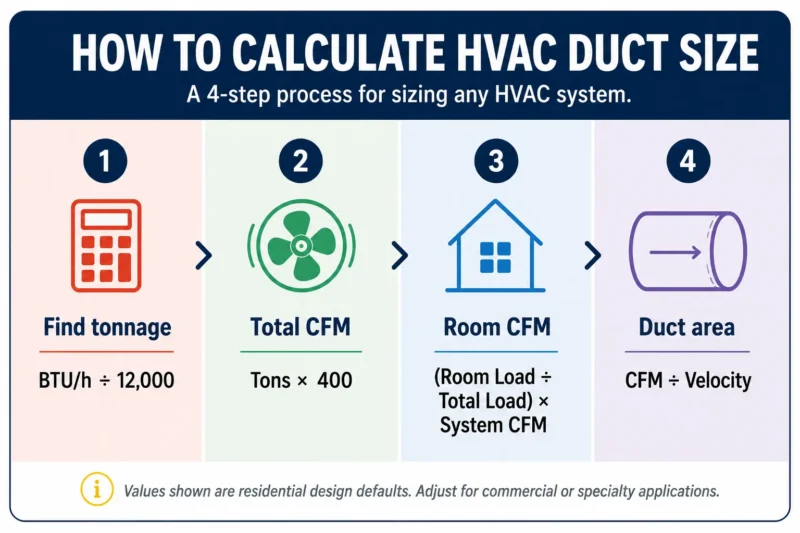 Four-step process to calculate HVAC duct size: find tonnage, calculate total system CFM, calculate room CFM, size each duct run by friction rate and velocity.
