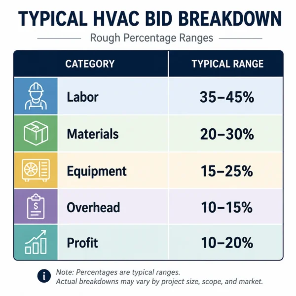 Typical HVAC bid cost breakdown showing healthy distribution: labor 35–45%, materials 20–30%, equipment 15–25%, overhead 10–15%, and profit 10–20% of total project cost.