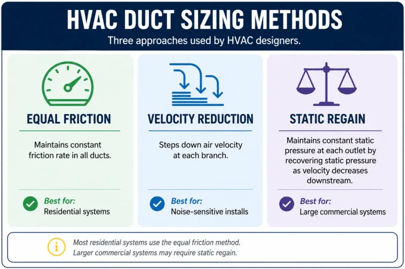Three HVAC duct sizing methods compared: equal friction (most common for residential), velocity reduction (best for noise-sensitive installs), and static regain (best for large commercial systems).
