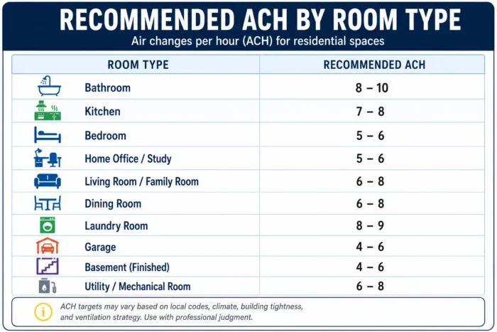 Recommended air changes per hour (ACH) by residential room type — bathroom 6–12, kitchen 6–12, bedrooms and living spaces 2–4, laundry and utility rooms 4–8, garage 4–6, finished basement 2–4.