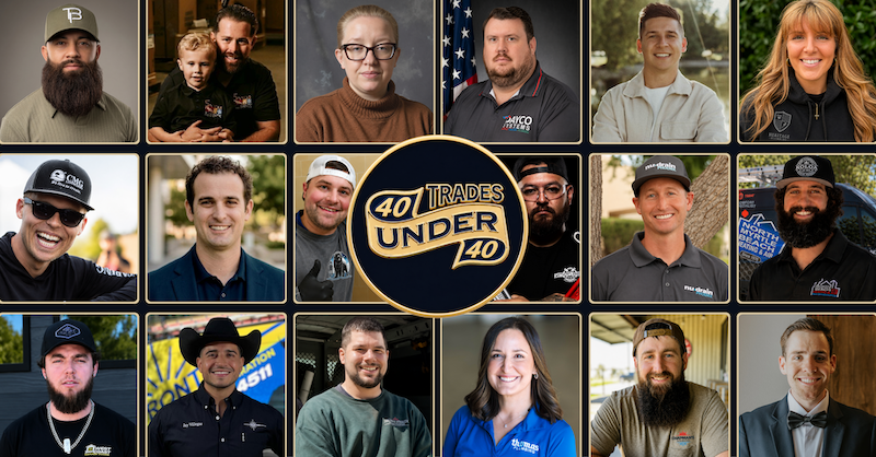 Collage of 2026 Trades 40 Under 40 winners representing home service businesses including plumbing, HVAC, and drainage companies