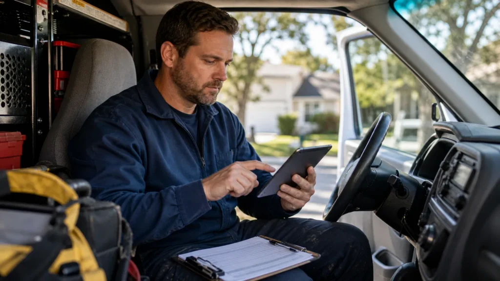 Home service contractor reviewing new job leads on a smartphone inside a work van