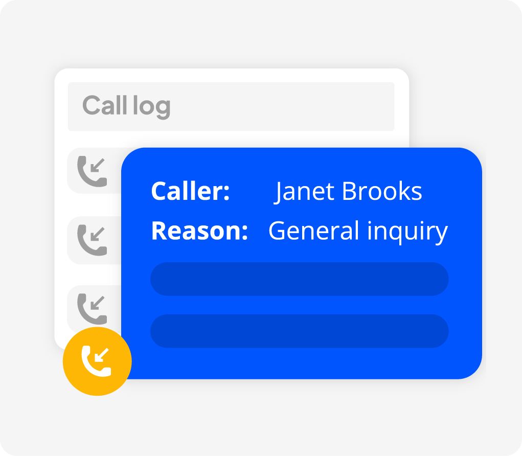 Call log showing caller details and reason for the inquiry.