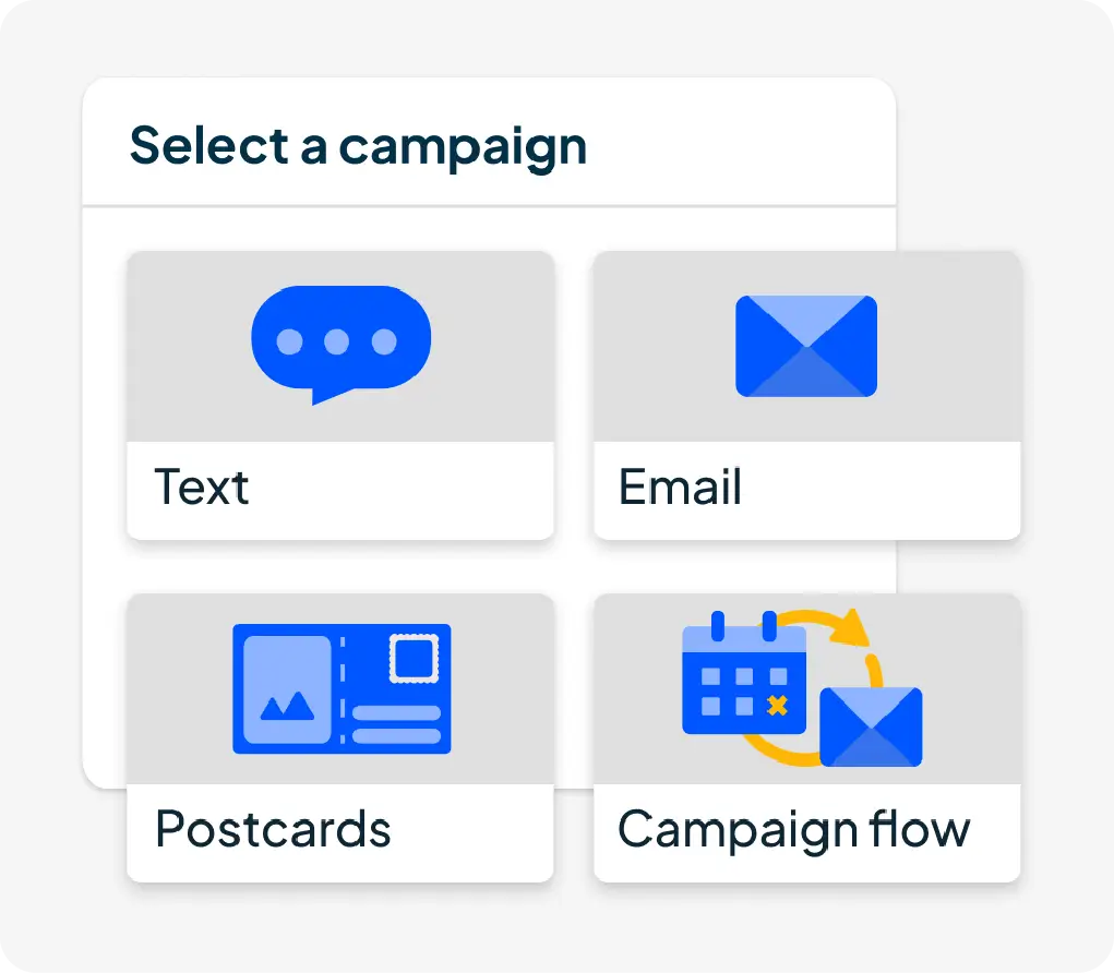 Select a campaign screen with text, email, postcard, and campaign flow options.
