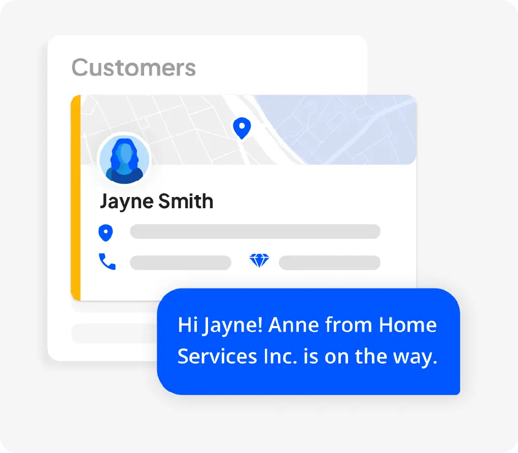 Painting customer profile with map location and automated on-the-way text notification