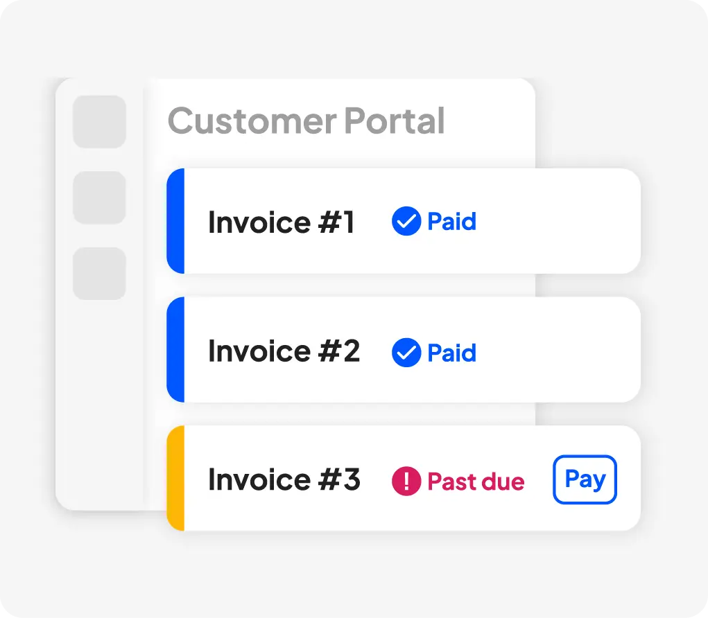Customer portal showing paid and past-due invoices with a pay button.