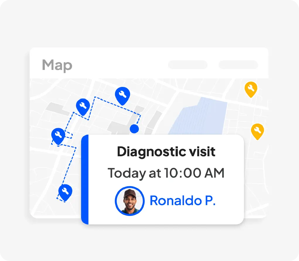 Map view with route pins and a diagnostic visit scheduled for 10:00 AM.