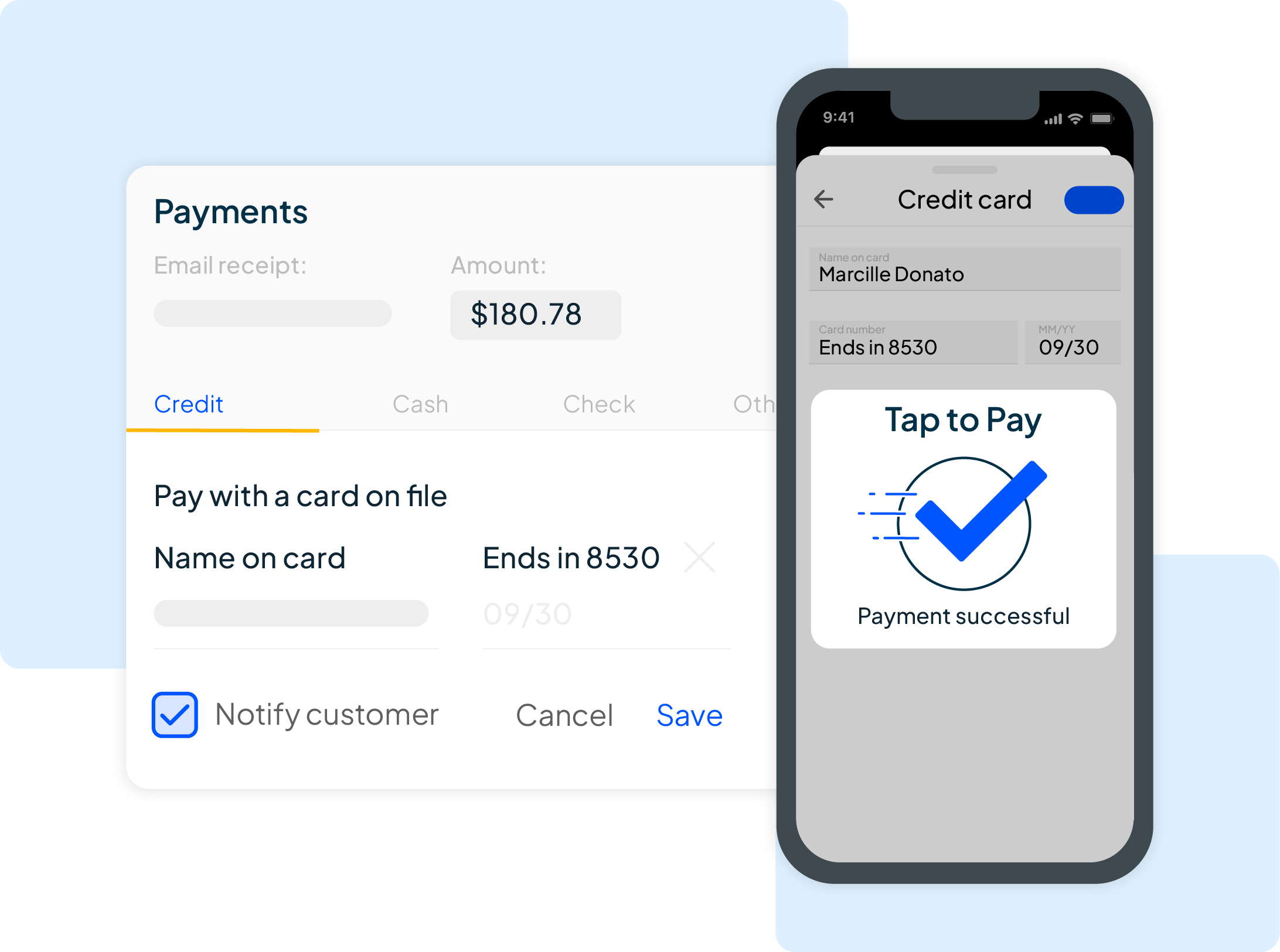 Tap to Pay mobile credit card payment processing for painting contractors with saved card on file