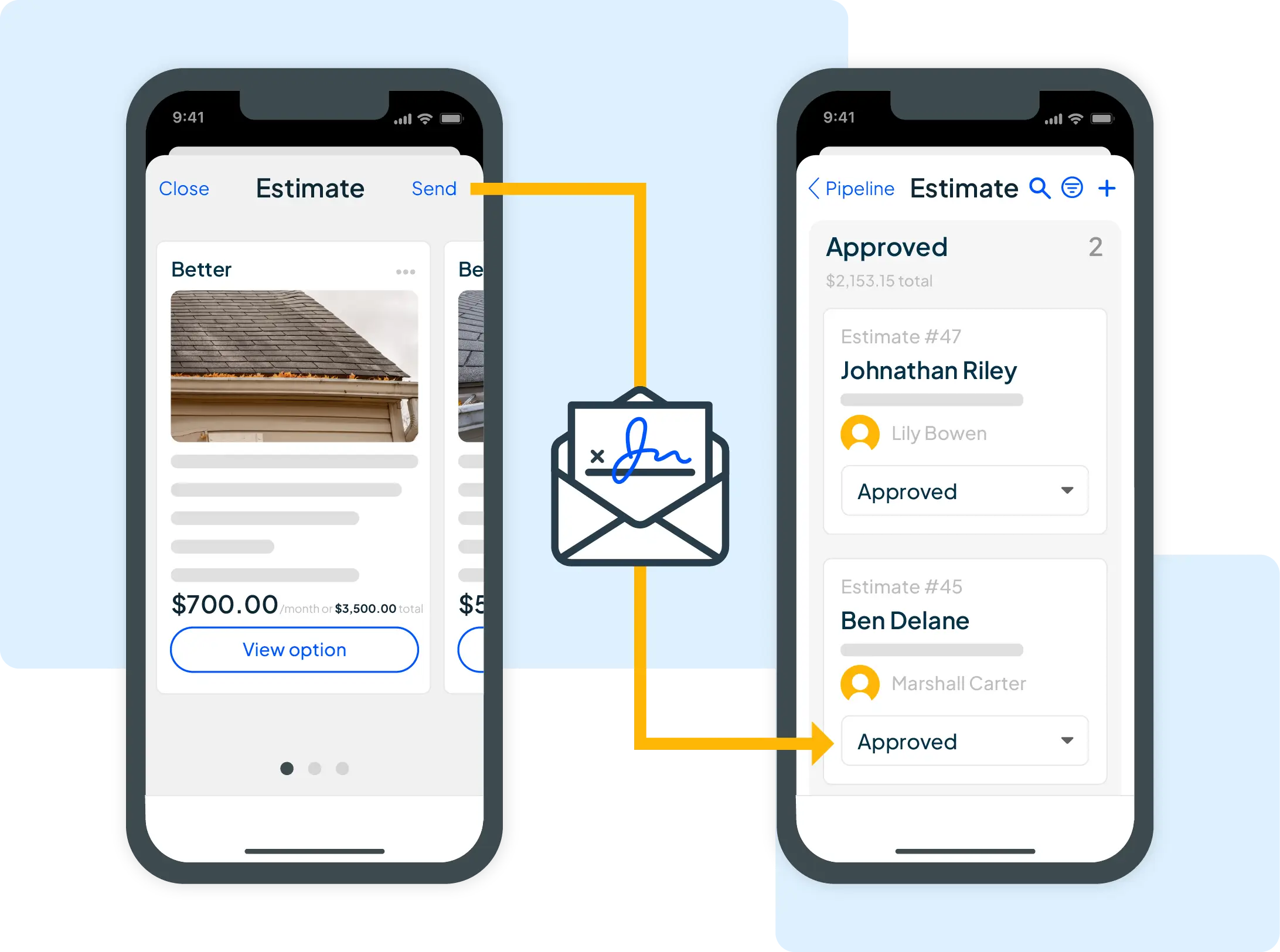Two phone screens show a gutter estimate sent for signature, then marked approved.