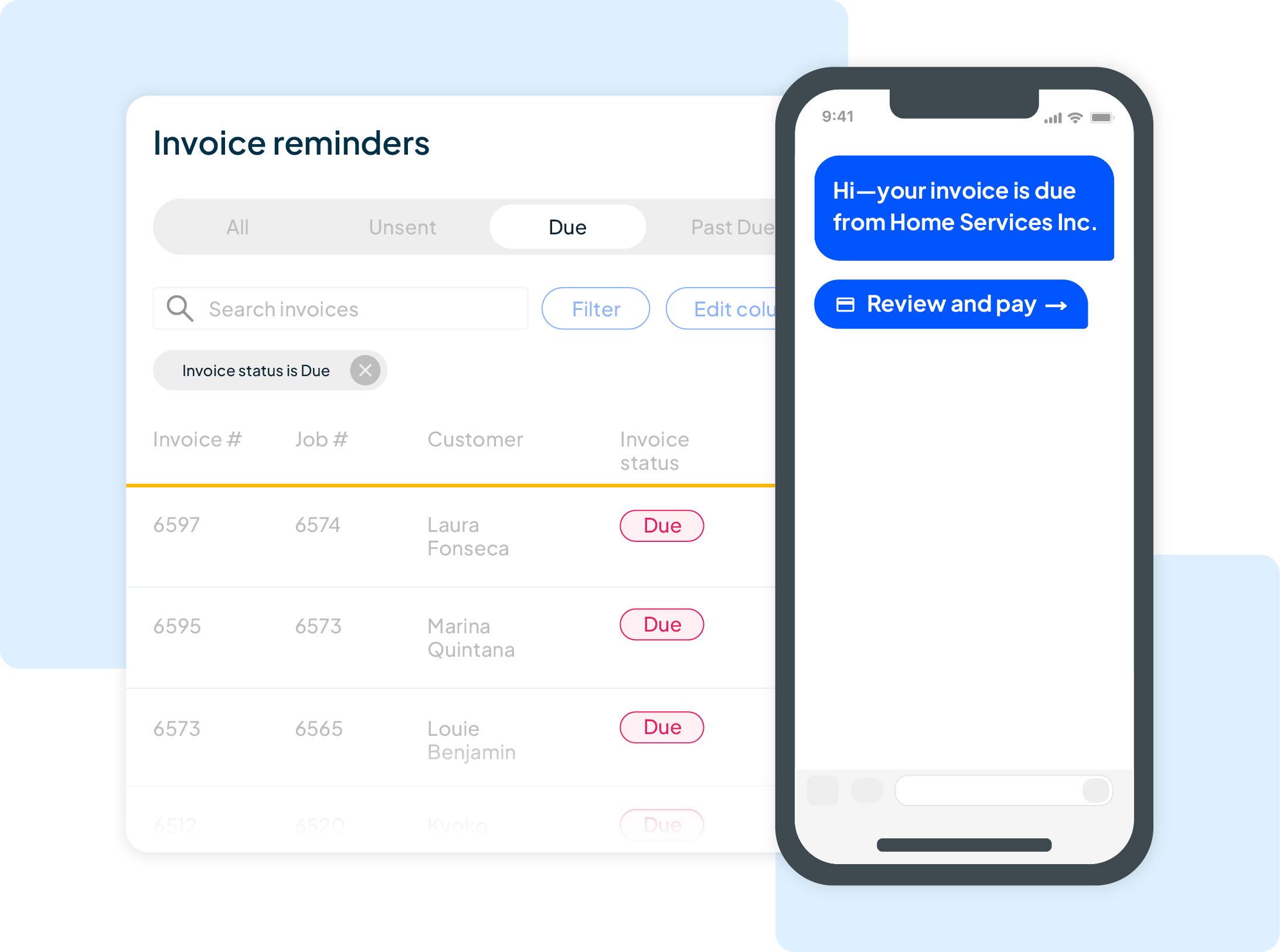 Invoice reminders screen with due invoices and a payment reminder text.
