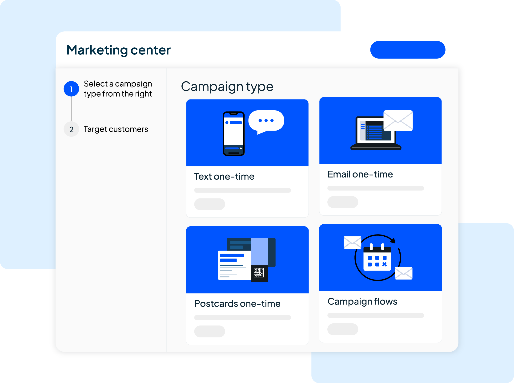Marketing center screen with text, email, postcard, and campaign options.
