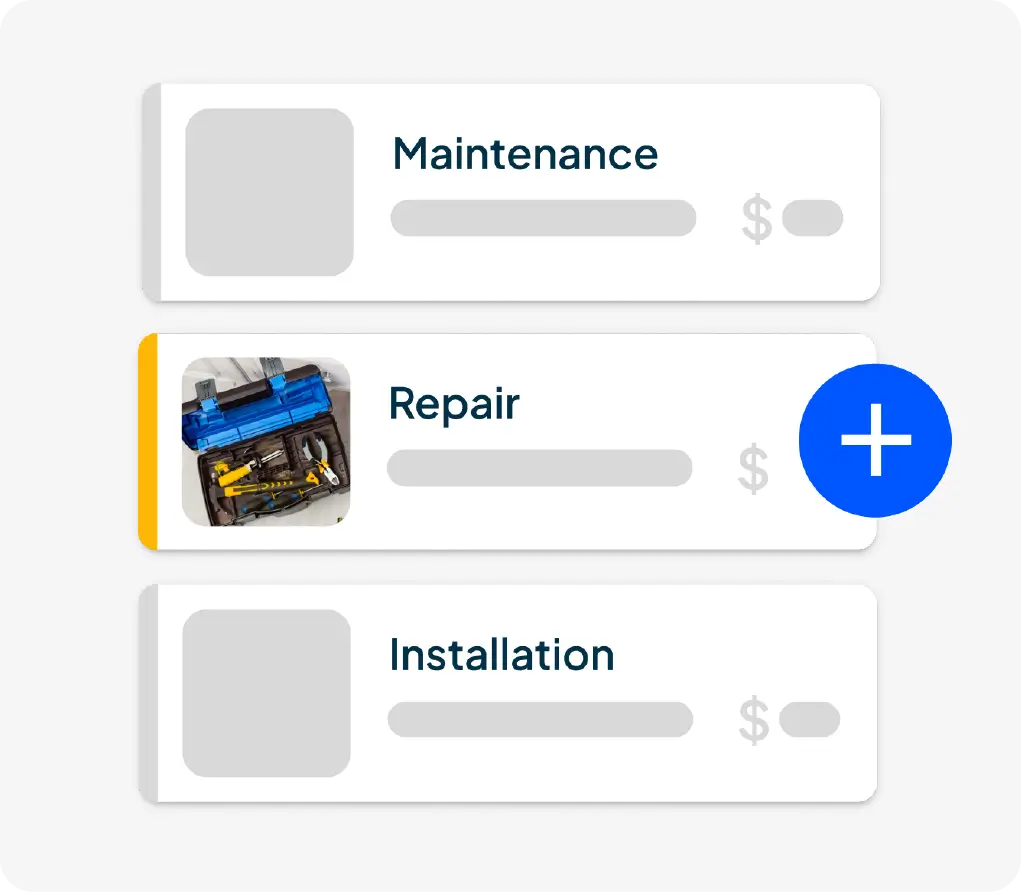 Price book list with maintenance, repair, and installation options.