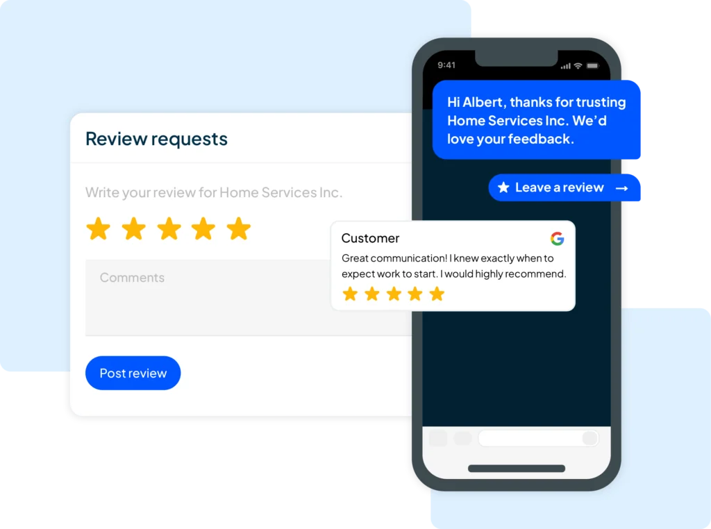 - Housecall Pro Automated review request text message and 5-star Google review form for air duct cleaning company
