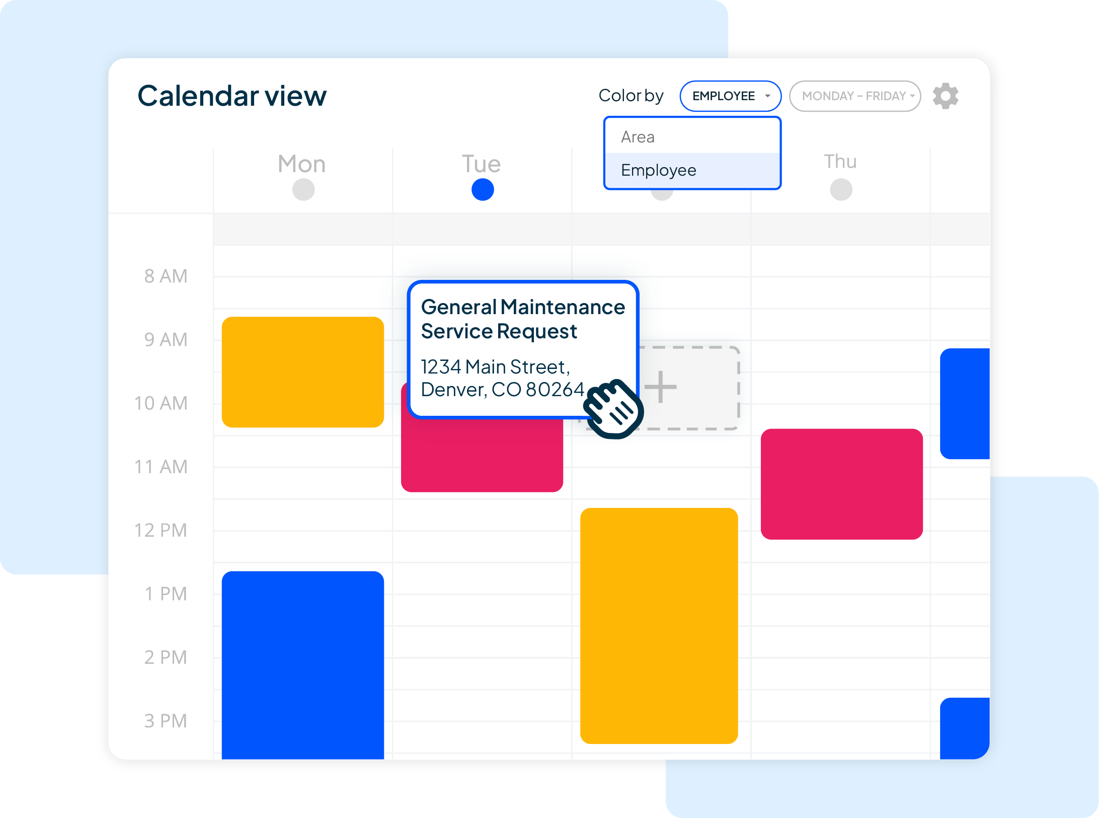 Calendar view with color-coded jobs and a drag-and-drop schedule.