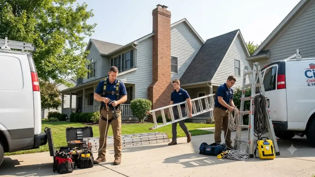 - Housecall Pro Chimney sweep crew preparing roof access and safety equipment for a job