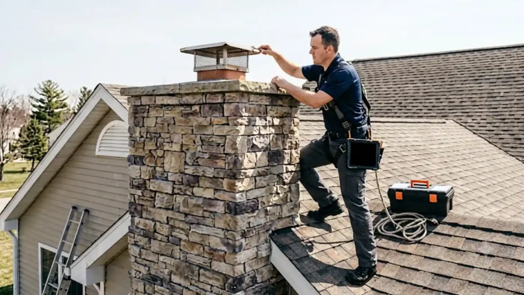 - Housecall Pro Chimney sweep technician inspecting a chimney before pricing add-on services